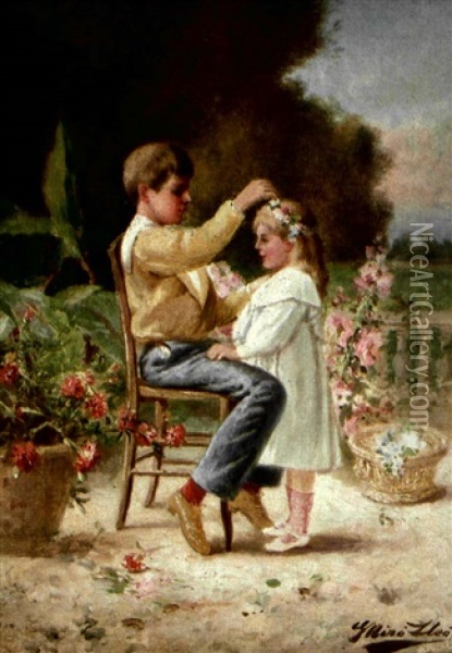 Enfants A La Chevelure Fleurie Oil Painting - Gaspar Miro Lleo