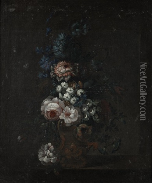 Roses, Peonies, Tulips And Other Flowers In A Classical Urn On A Table Top Oil Painting - Nicolas Ricoeur