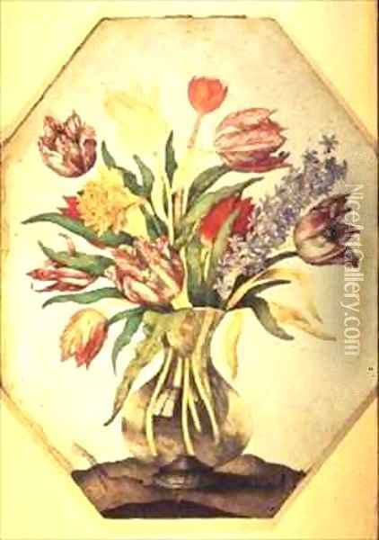 Glass Vase of Tulips with a Hyacinth Oil Painting - Giovanna Garzoni