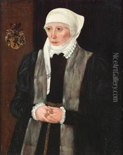 Portrait Of Dorothea Haffnerin, Three-quarter-length, In A Black Fur-trimmed Coat With A White Lace Cap And Ruff, Inscribed With A Coat-of-arms (upper Left), And Further Oil Painting - Hans Mielich