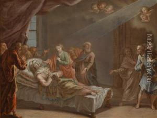 The Death Of The Virgin And The Death Of Stjoseph Surrounded By Painted Frames Oil Painting - Johann Baptist Schmon