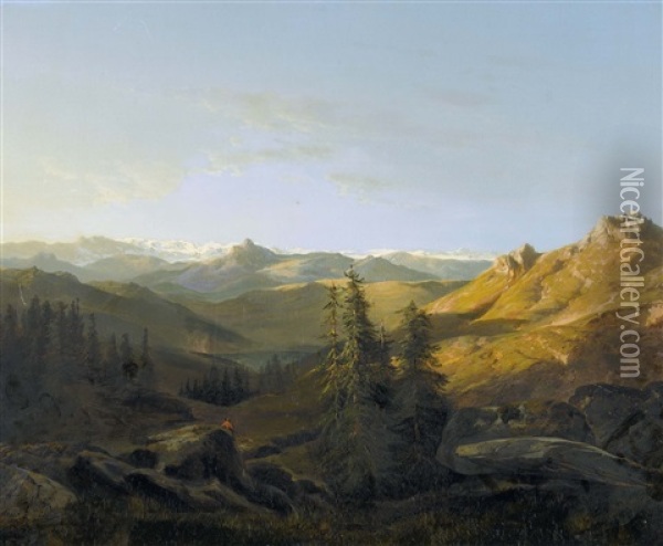 Effet De Soleil Sur Les Hautes Alpes Du Valais Oil Painting - Alexandre Calame