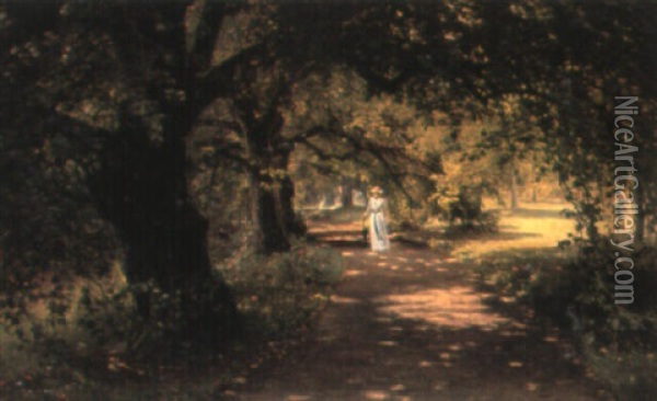The Artist's Wife Strolling In The Jaegersborg Dyrehave, Copenhagen Oil Painting - Thorvald Simeon Niss