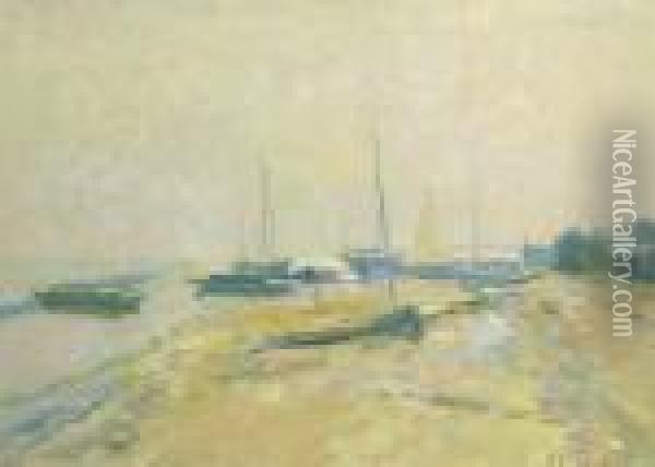 Sailing Boats On A River-bank Oil Painting - Elie Anatole Pavil