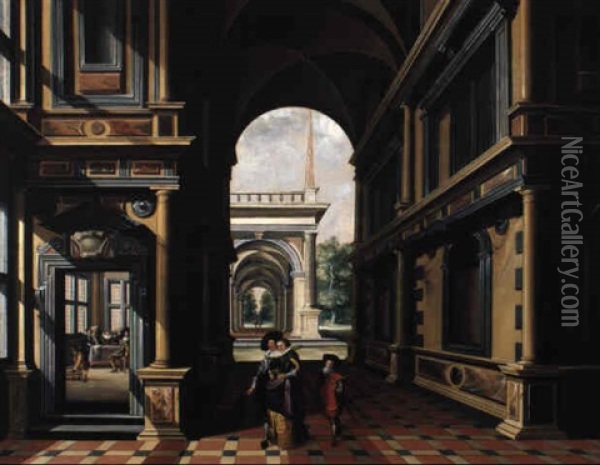 An Arcade Of A Palace With Elegantly Dressed Figures Oil Painting - Dirck Van Delen