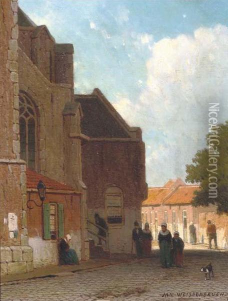 Villagers On A Street By A Church Oil Painting - Jan Weissenbruch