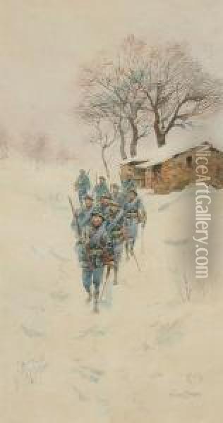 Soldiers Marching Through A 
Winter Landscape, And Another: Soldiers At The Foot Of A Mountain Oil Painting - Pierre Comba