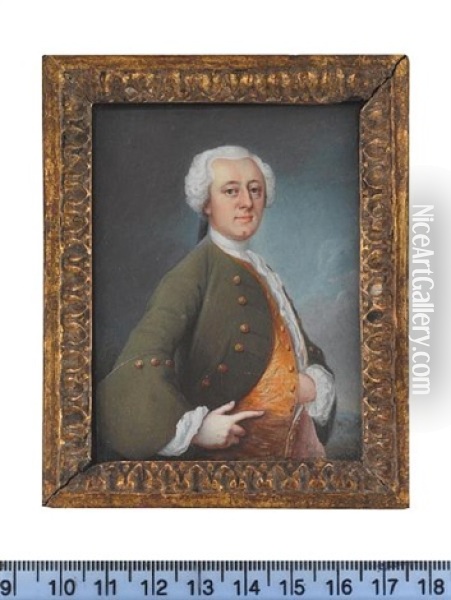 A Gentleman, Wearing Green Coat With Pink Lining And Gold Buttons, Gold Waistcoat, White Frilled Chemise And Stock Oil Painting - Christoffer Foltmar