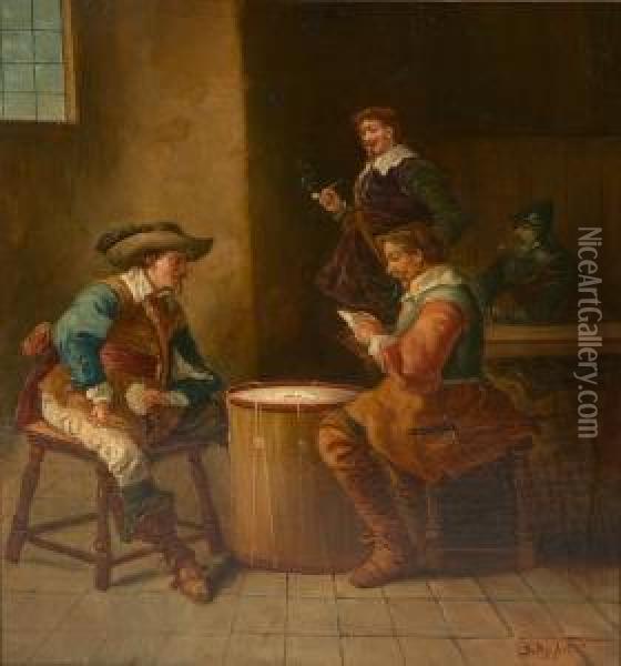 An Interior Scene With Men Playing Cards Oil Painting - B. Roybet