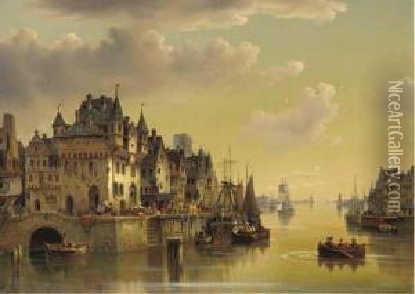 A Fantasy Town At Dusk Oil Painting - Ludwig Herrmann