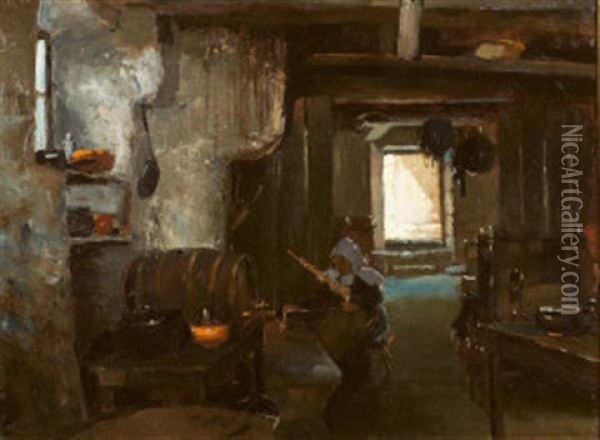 A Breton Interior Oil Painting - Henry Jones Thaddeus
