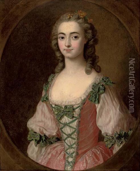 Portrait Of A Lady, Standing, Half-length, In A Pink Dress With Green Ribbons, In A Feigned Oval Oil Painting - Charles-Amedee-Philippe van Loo