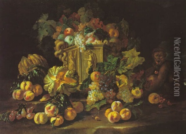 Still Life Of Grapes, Plums, Melons And Peaches With A Monkey Oil Painting - Michelangelo di Campidoglio