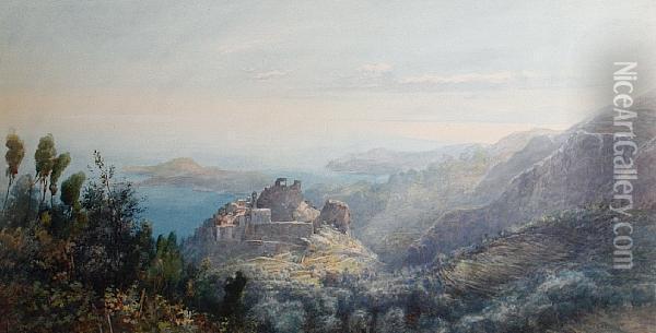 Landscape View Of Hilltop Town Withmediterranean Beyond Oil Painting - Ainslie H. Bean