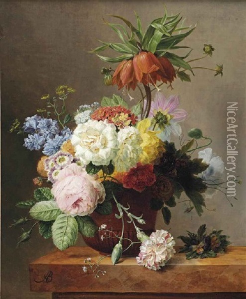 Red Fritillaries, Peonies, Convolvulus, Coleseed, Red Hydrangeas, Lilacs, Carnations And Other Flowers In A Terracotta, Together With Violets... Oil Painting - Arnoldus Bloemers