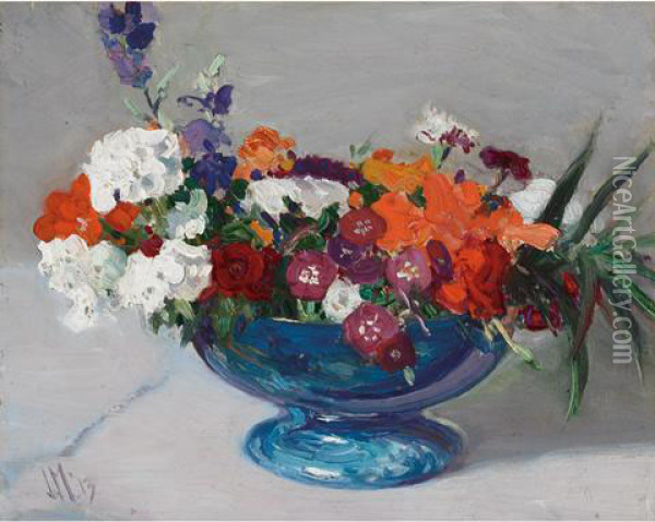 Flowers In A Blue Bowl Oil Painting - James Edward Hervey MacDonald