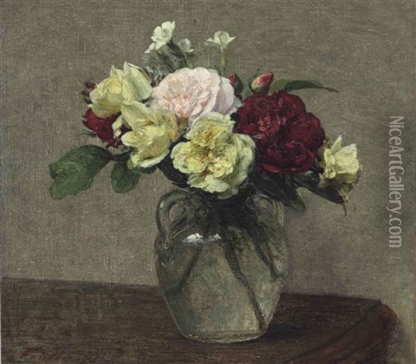 Bouquet De Roses Variees Et Oeillets Oil Painting - Henri Fantin-Latour