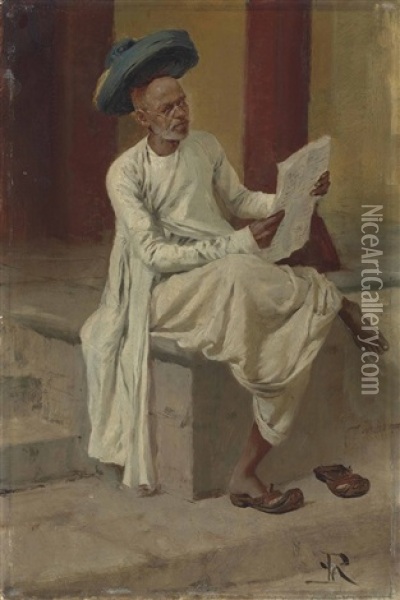 An Indian Man Reading The Newspaper In The Bazaar, Bombay Oil Painting - Horace Van Ruith
