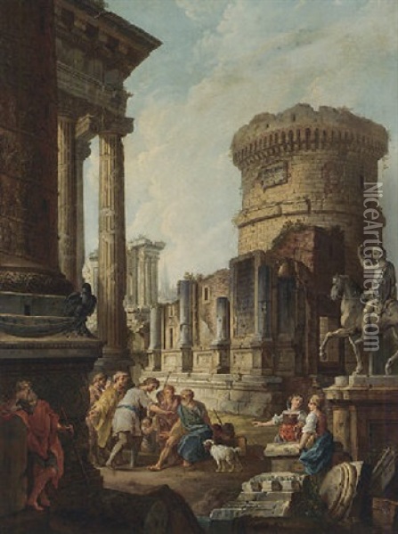 Belisarius Begging Alms In A Capriccio Of Classical Ruins With The Statue And Column Of Marcus Aurleius Oil Painting - Giovanni Paolo Panini