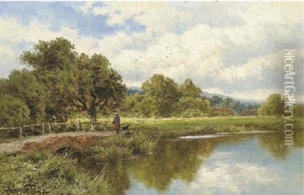 On The Wey, Elstead, Surrey Oil Painting - Henry H. Parker