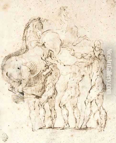 Sheet Of Studies Of Standing Figures And Two Rearing Horses Oil Painting - Girolamo Francesco Maria Mazzola (Parmigianino)