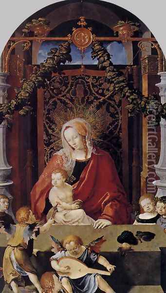 Virgin and Child with Angels c. 1520 Oil Painting - Lucas Van Leyden