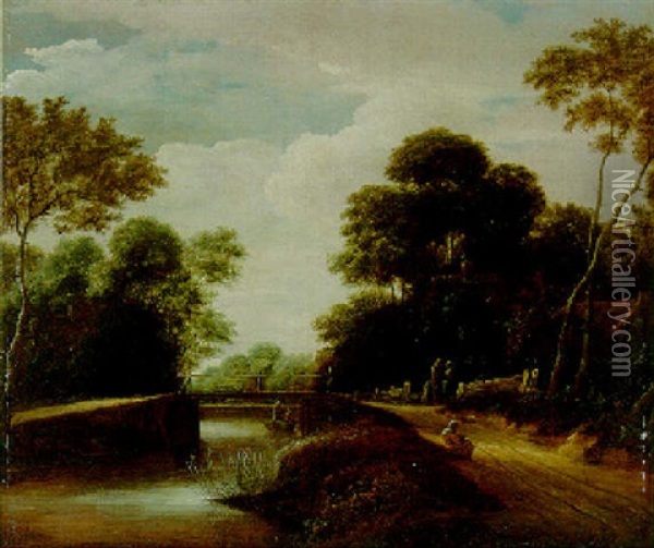 Wooded River Landscape With A Bridge And Peasants On A Path By A Cottage Oil Painting - Godaert Kamper