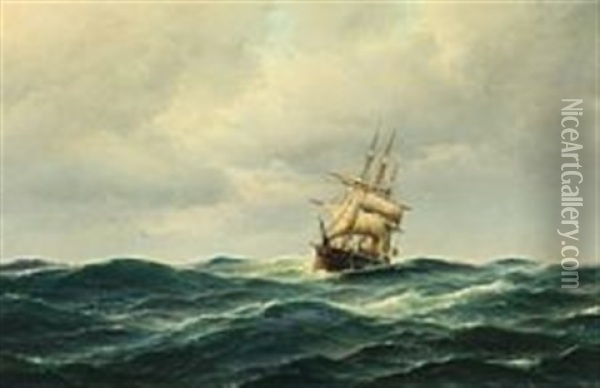 A Three-masted Tallship In High Seas Oil Painting - Carl Ludwig Bille