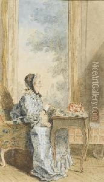 Portrait De La Comtesse Rochambeau Assise A Une Table, De Profil Vers La Gauche Oil Painting - Louis Carrogis Carmontelle