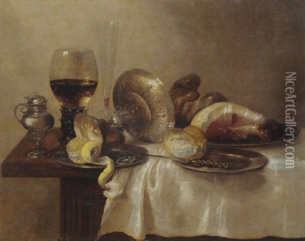 An Upturned Silver Tazza And A Partially Peeled Lemon On A Pewter Platter, With A Silver Pot, And A Roemer On A Partially Draped Table Oil Painting - Willem Claesz Heda