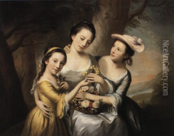 Portrait Of A Lady With Her Three Daughters Oil Painting - Nathaniel Hone the Elder