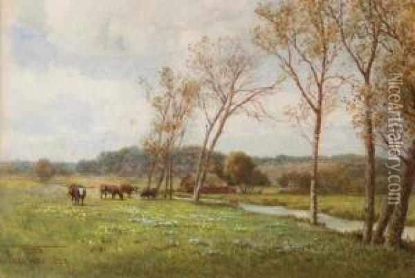 Springtime: Cattle Grazing In A Water Meadow Oil Painting - Thomas Pyne
