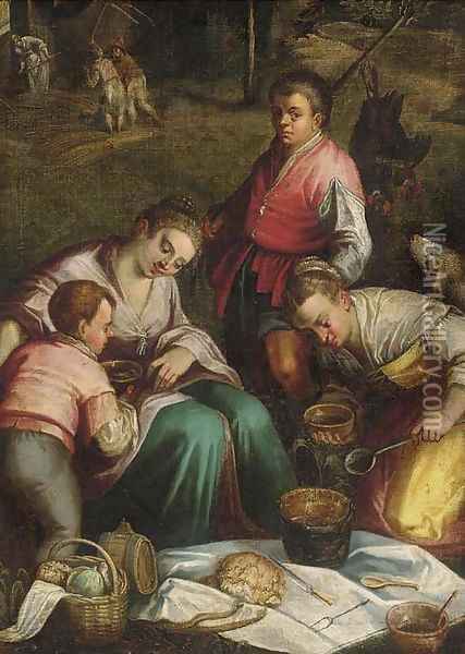 Farm hands eating with harvesters beyond Oil Painting - Jacopo Bassano (Jacopo da Ponte)