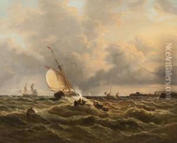 Shipping Off A Breakwater Oil Painting - John Moore Of Ipswich