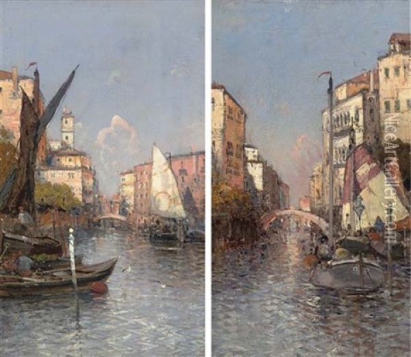 Venetian Canal View (+ Another; Pair) Oil Painting - Georg Fischhof