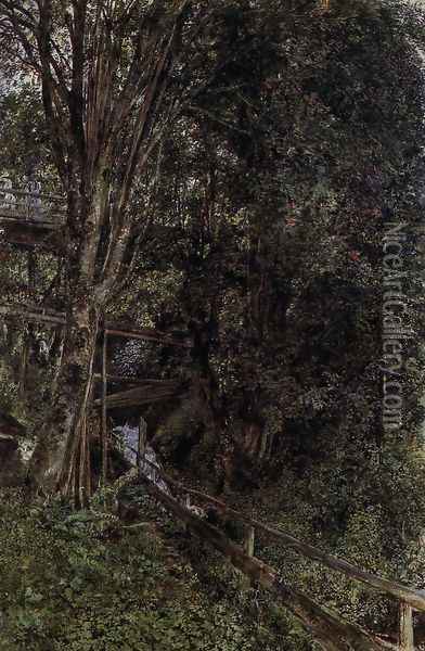 Figures on a Bridge over a Stream at Gastein Oil Painting - Rudolf Ritter von Alt