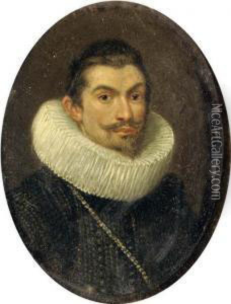Portrait Of A Gentleman, Half-length, In A Black Costume And A White 'molensteenkraag' Oil Painting - Gonzales Cocques