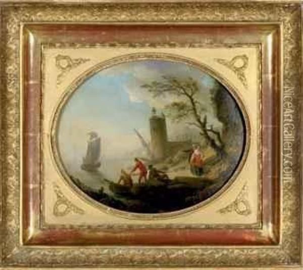 A Mediterranean Coastal Landscape With Fishermen Hauling In Theirnets Oil Painting - Claude-joseph Vernet