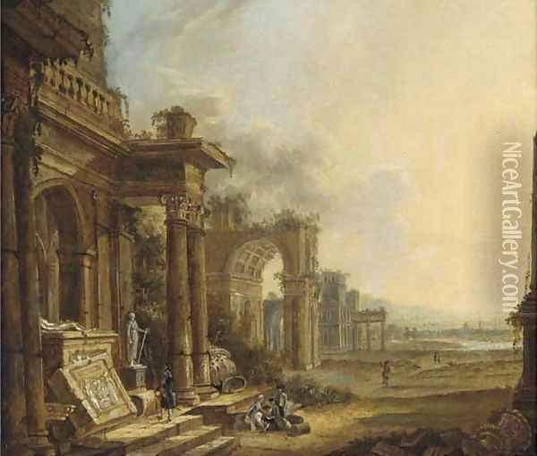 An architectural capriccio of classical ruins with travellers in the foreground Oil Painting - Christian Stocklin