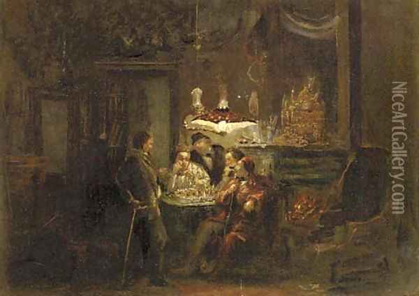 Playing chess by lamplight Oil Painting - Dutch School