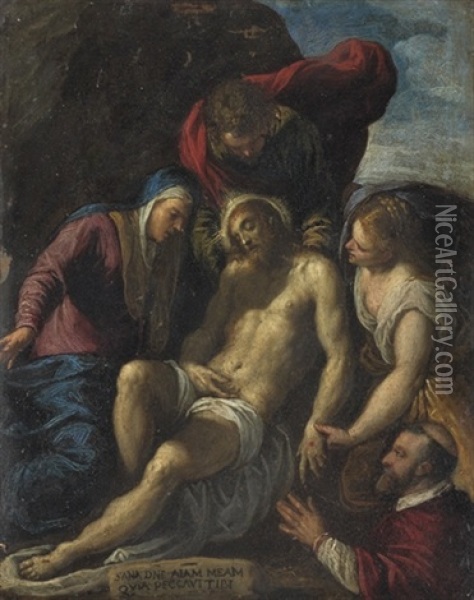 The Lamentation With A Donor Oil Painting - Jacopo Palma il Giovane
