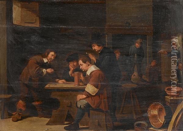 Interior Scene With Men Drinking And Playing Dice Oil Painting - David The Younger Teniers