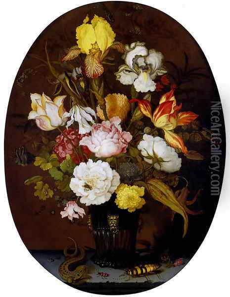 A Still life of roses, irises, tulips, narcissi and other flowers, in a glass vase with gilt mounts, set upon a ledge, flanked by a lizard and a large beetle Oil Painting - Balthasar Van Der Ast