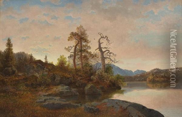 Forestal Landscape With A Lake Oil Painting - Hans Fredrik Gude