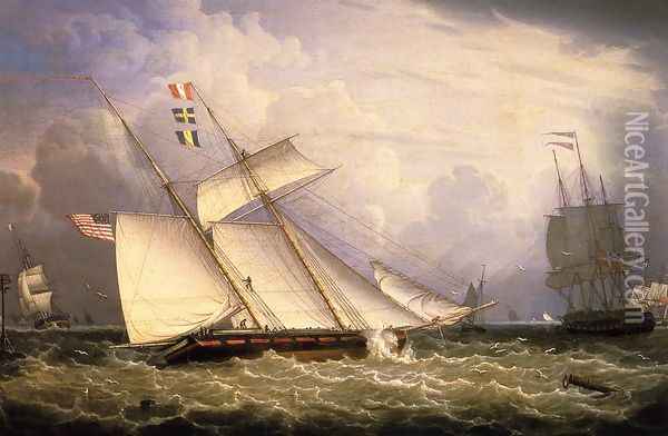 American Schooner under Sail with Heavy Seas Oil Painting - Robert Salmon