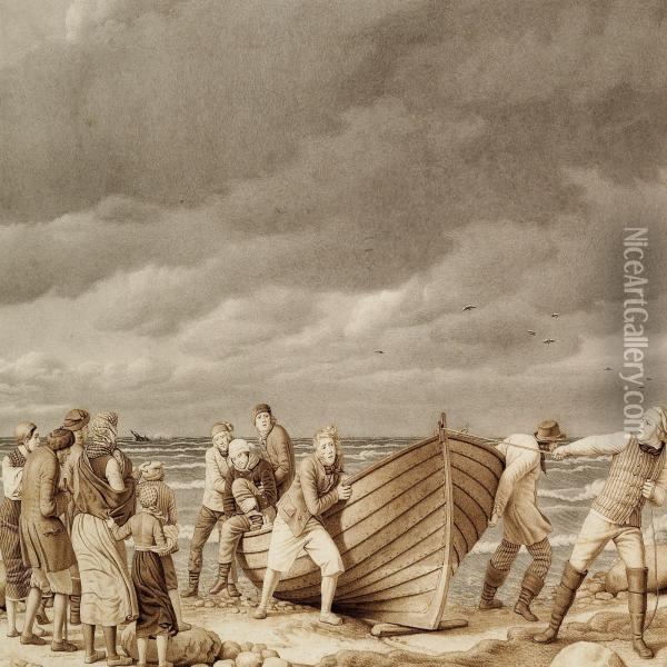 Fishermen From Hornbaek Saving The Captain From A Stranded English Ship Oil Painting - Erling Eckersberg