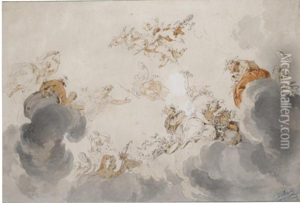 Ceiling Design With Bacchantes And Nymphs Among Clouds Oil Painting - Jacob de Wit