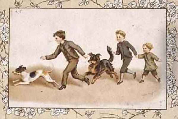 Greetings card depicting children playing with their dogs Oil Painting - Helena J. Maguire