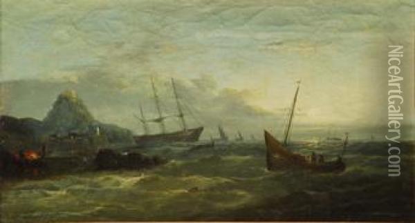 Vista Costera Con Barcos Al Atardecer. Oil Painting - William Harry Williamson