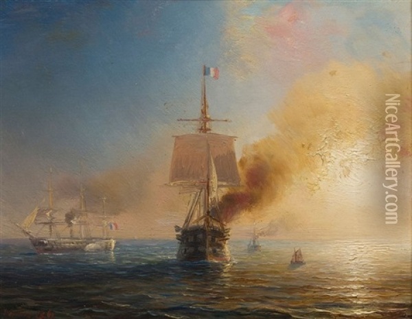 Navires Francais Oil Painting - Baron Jean Antoine Theodore Gudin